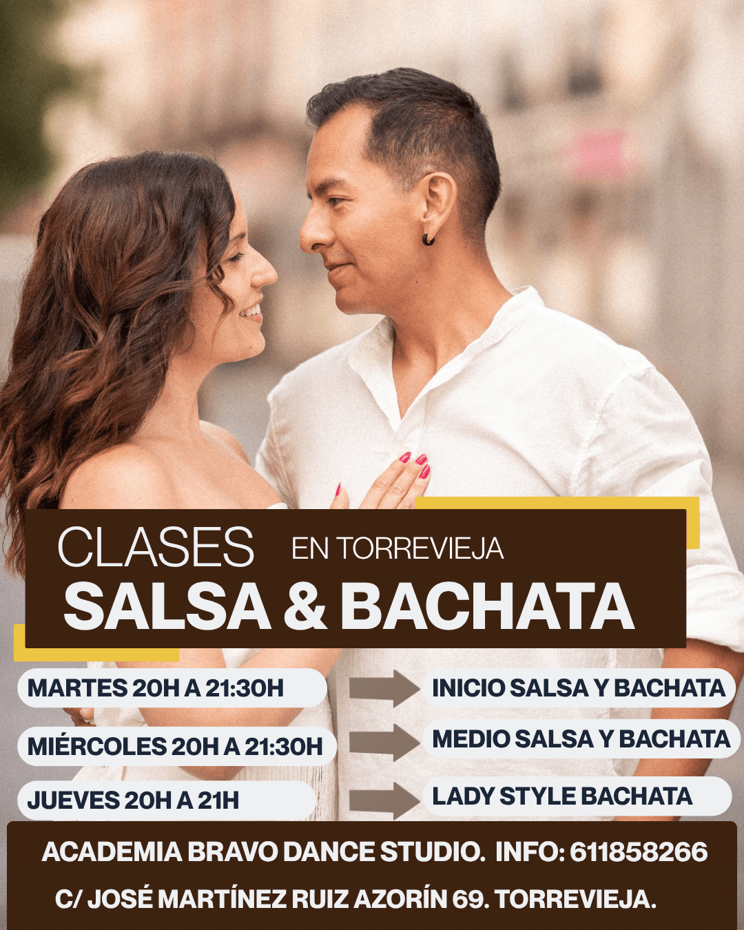 Cartel de clases de salsa y bachata en Torrevieja para septiembre, nivel inicio y nivel medio